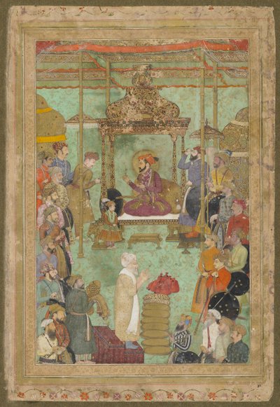 Shah Jahan op de troon met Mahabat Khan en een Shaykh, uit het late Shah Jahan Album, los manuscript folio door Mughal School